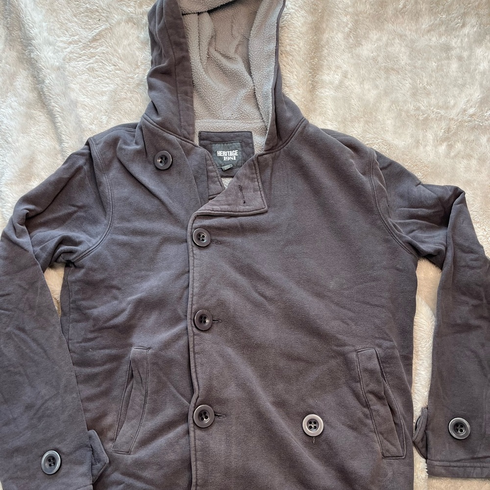 Unisex Gray Double Breasted Hooded Jacket by
Heritage 1981